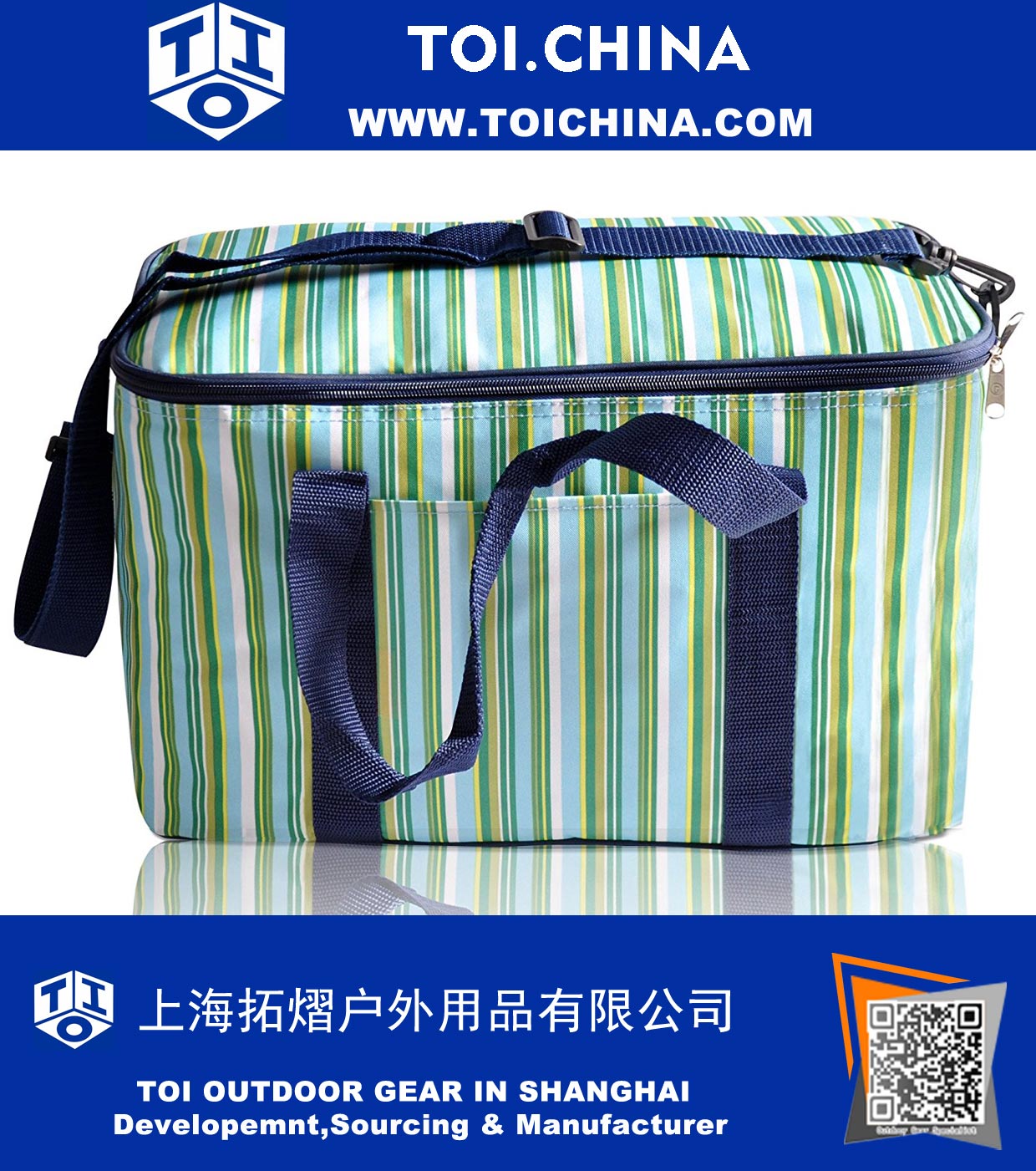 36 Can Large Picnic Cooler Bag Lunch Bag, Green & Sapphire Stripe