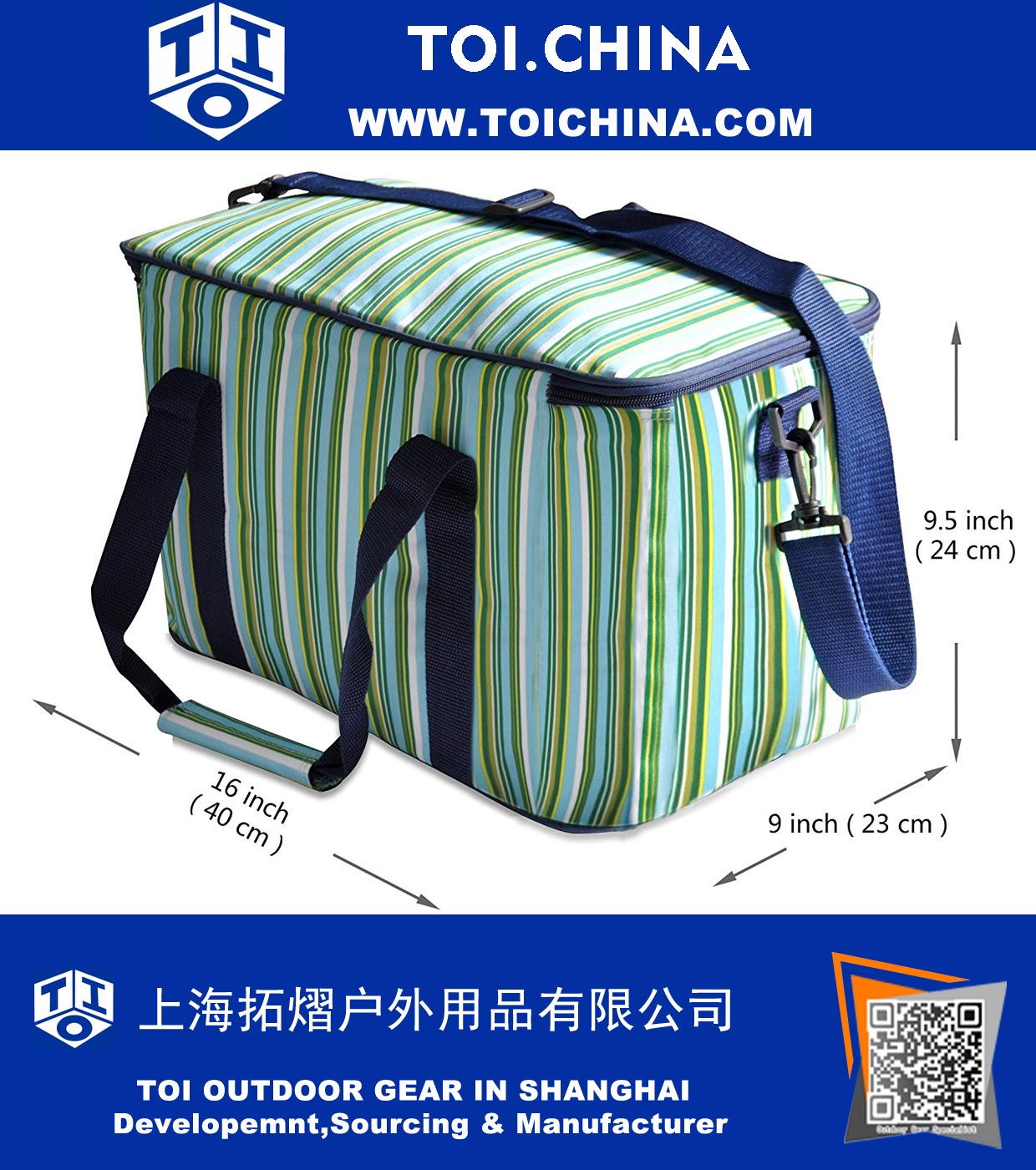 36 Can Large Picnic Cooler Bag Lunch Bag, Green & Sapphire Stripe