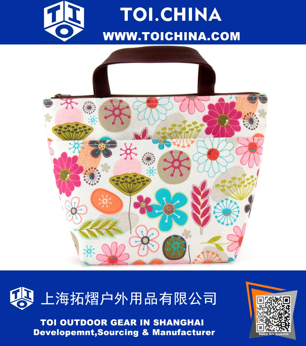 Water-Resistant Picnic Insulated Lunch Bag Cooler Lunch Bag Travel Zipper Organizer Box Tote Bag Lunch with Printing Flowers