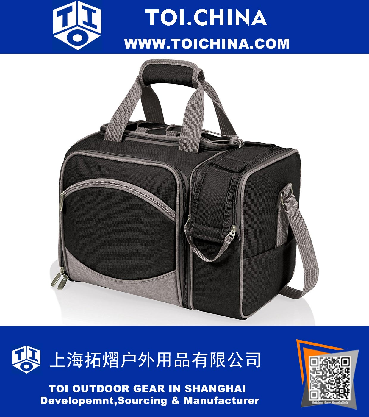 Insulated Cooler Picnic Tote with Service for 2, Black with Silver Grey Insulated Cooler Picnic Tote with Service for 2, Black with Silver Grey