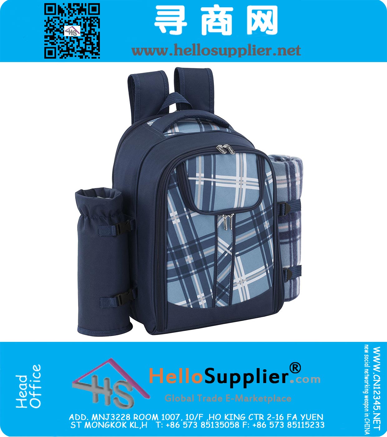 2 Person Blue Picnic Backpack Hamper with Cooler Compartment includes Tableware And Fleece Blanket