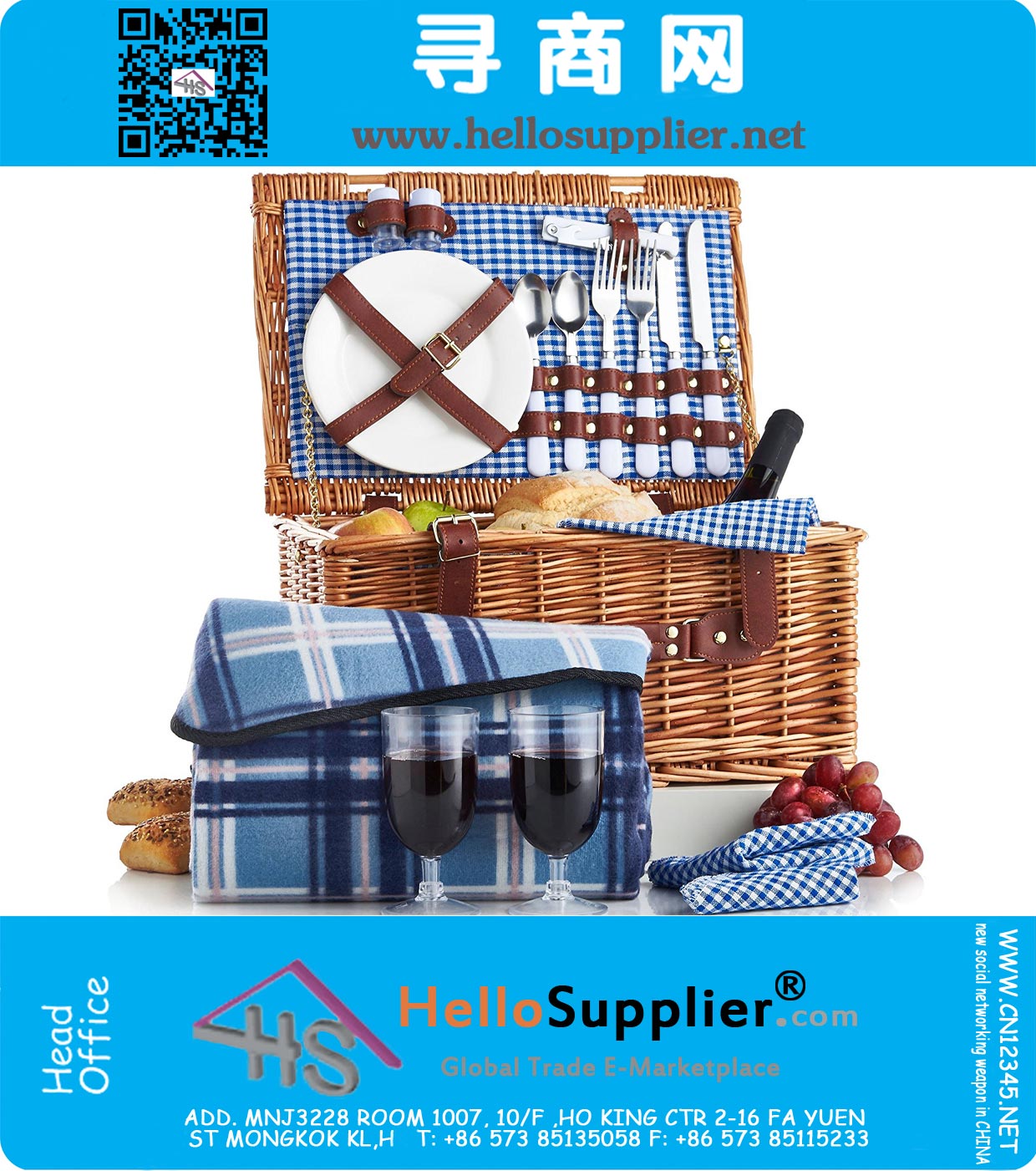 Deluxe 2 Person Traditional Wicker Picnic Basket Hamper with Cutlery, Plates, Glasses, Tableware And Fleece Blanket