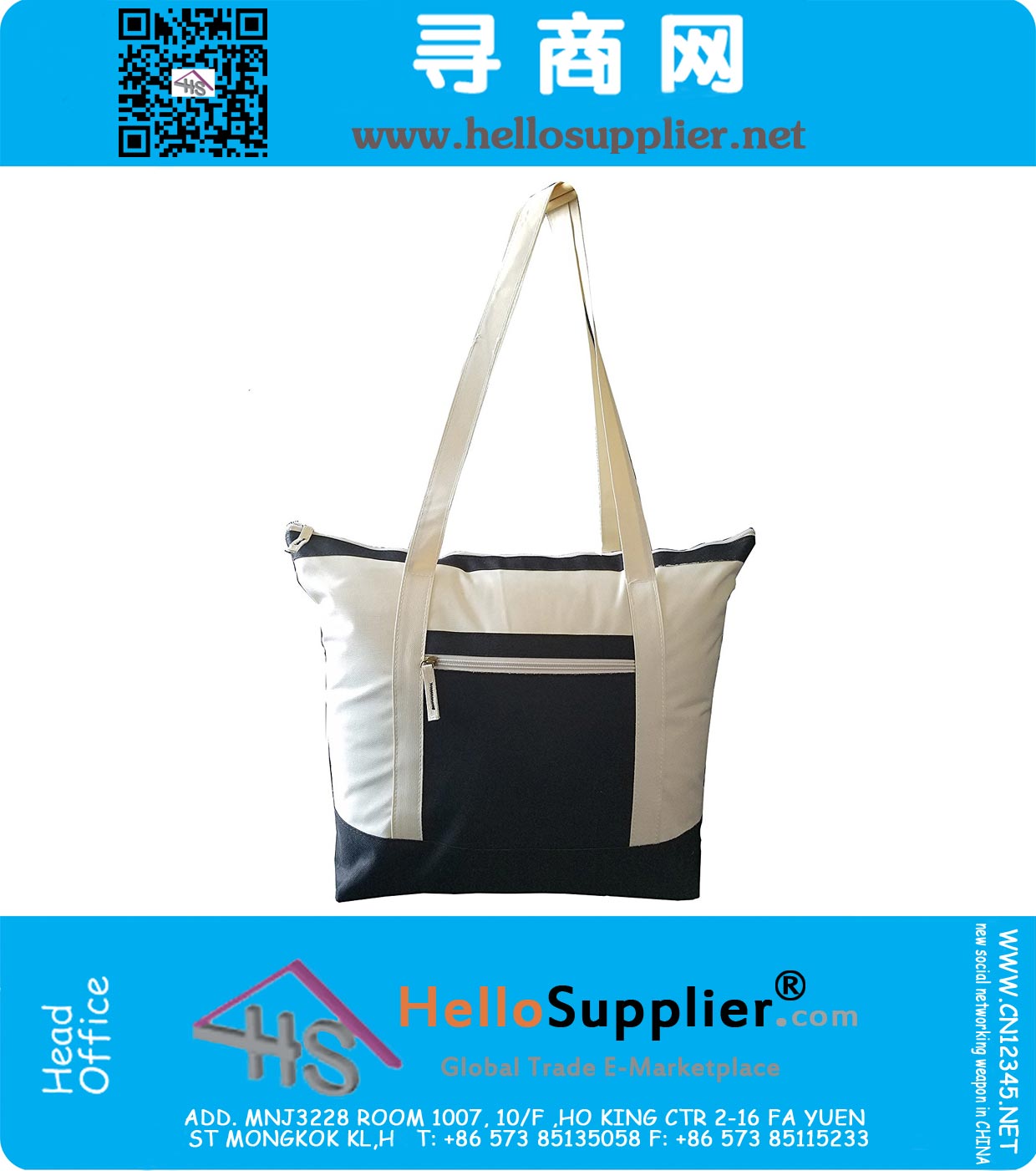 Heavy Duty Deluxe Zippered Poly-Tote, Grocery Bag, Travel Tote Shoulder Bag, Shopping Bag