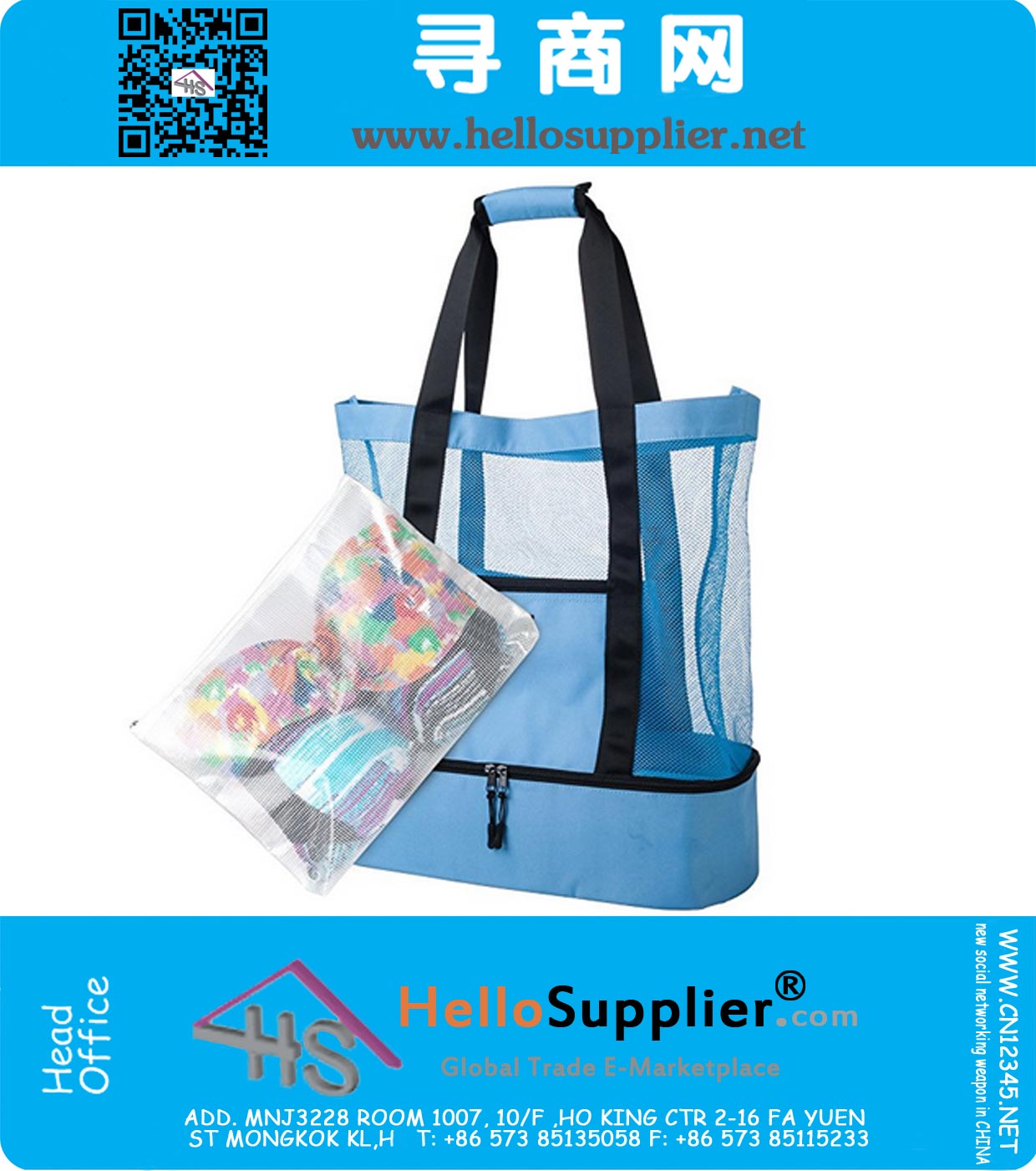 Large Capacity Mesh Canvas Beach Tote Bag with Insulated Picnic cooler