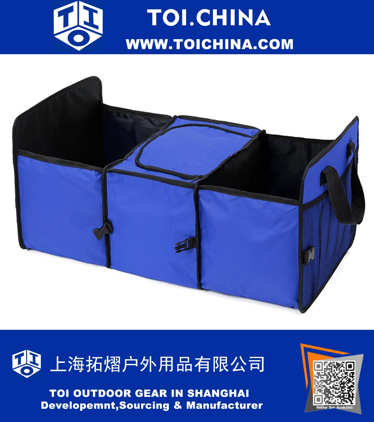 Oxford-Gewebe-Fahrzeug-angebrachter mit einschließender Kasten, zusammenklappbarer Kofferraum-Organisator mit 3 Fächern, Selbstspeicher-Verpackungskarton mit einer Kühltasche, blaue Farbe