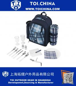 La cesta de la mochila de la comida campestre azul de 2 personas con el compartimiento más fresco incluye la manta del paño y del paño grueso y suave