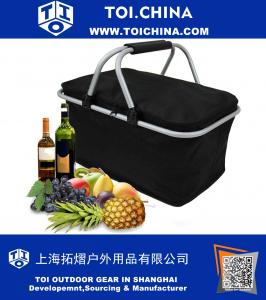 30L Large Insulated Picnic Basket Protoble Cooler Bag Folding Collapsible Tote Basket with Handles and Zipper for Outdoor Camping Hiking Fishing