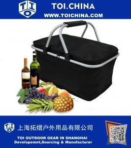 30L Large Insulated Picnic Basket Protoble Cooler Bag Folding Collapsible Tote Basket with Handles and Zipper for Outdoor Camping Hiking Fishing Black