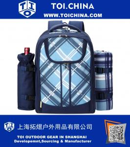 4 Person Blue Tartan Picnic Backpack With Cooler Compartment