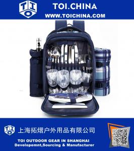 4 Person Blue Tartan Picnic Backpack With Cooler Compartment