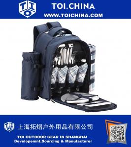 4 Person Blue Tartan Picnic Backpack With Cooler Compartment, Detachable Bottle/Wine Holder, Fleece Blanket, Flatware and Plates