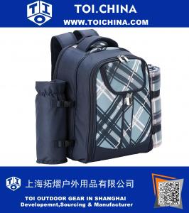 4 Person Blue Tartan Picnic Backpack With Cooler Compartment, Detachable Bottle Wine Holder, Fleece Blanket, Flatware and Plates