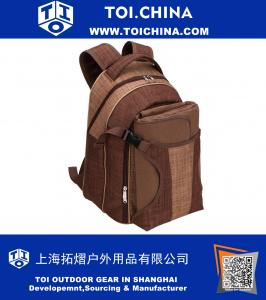 4 Person Classic Brown Picnic Backpack With Cooler Compartment, Fleece Blanket, Flatware and Plates