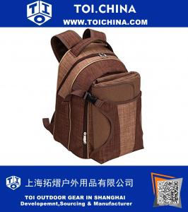 4 Person Classic Brown Picnic Backpack With Cooler Compartment, Fleece Blanket, Flatware and Plates
