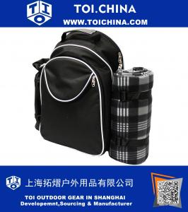 Canasta de mochila para picnic para 4 personas con aislamiento - compartimento frío caliente, cubiertos de 4 personas, portavasos / botella de vino desmontable, manta de lana resistente al agua, set de platos y cubiertos