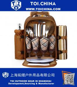 4 Person Picnic Backpack With Cooler Compartment, Coffee