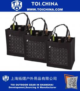 6-Bottle Wine Tote Bag with Storage Compartents and Imprinted Food and Wine Pairing Chart, Pack of 3,