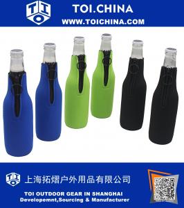 Beer Bottle Zipper Coolers - Pack of 6 Assorted Collapsible Insulators - Assorted Colors, Blue, Black, Green