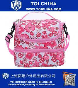 Double Decker Insulated Lunch Box Pink Soft Cooler Bag Thermal Lunch Tote with Shoulder Strap
