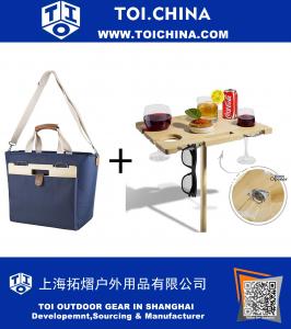 Fashion Insulated Party Cooler Bag with Divided Wine Bottle Sections + Fold-able Outdoor Bamboo Wine Picnic Table for Outdoor Concerts, Beach, Picnic Adventures. Great Labor Day Gift for Dad