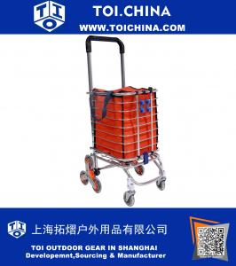 Folding Shopping Cart with Stair Climbing Wheels for Supermarket, Grocery, Farmer Market, Orange Basket Bag, Aluminum Structure