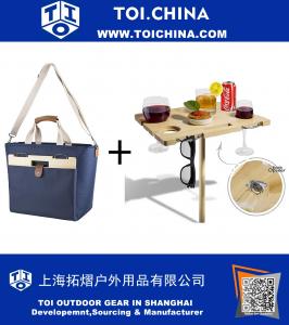 Insulated Cooler Bag with Divided Wine Bottle Sections + Fold-able Outdoor Bamboo Wine Picnic Table for Outdoor Concerts, Beach, Picnic Adventures