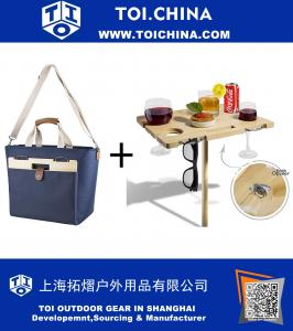 Bolsa aislante con divisiones de botellas de vino divididas + Mesa de picnic plegable de bambú con vino para exteriores para conciertos al aire libre, Playa, Picnic Adventures