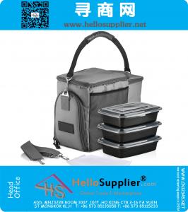 Insulated Lunch Bag Durable Lunch Box with Drink Cooler Compartment. Detachable Shoulder Strap 3 Plastic Food Storage Containers Ice Pack Included.