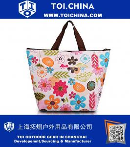 Bolsa de Almuerzo con Aislamiento de Moda Lindo Impermeable Cena de Picnic Reutilizable Caja de Titular de la Caja de Bento Contenedor Bolsas de Asas Más Fresco Organizador de Cremallera de Viaje, Flor