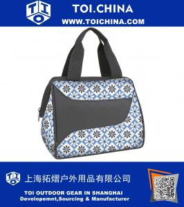 Insulated Lunch Bag with Zipper Closure and Exterior Pocket, Stylish Adult Lunch Box for Work, Blue Patchwork Flower