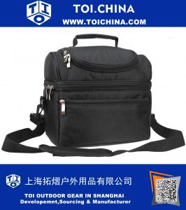 Insulated Lunch Box Lunch Cooler Bag Tote shoulder with Zip Closure Double Decker Dual Compartment Black