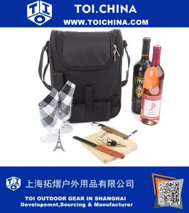Insulated Travel Wine Tote Bag: Portable 2 Bottle Wine and Cheese Waterproof Black Canvas Carrier Bag Set with Picnic Kit - Corkscrew Wine Opener, Wine Stopper, Wooden Cheese Board and Knife Included