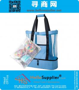 Large Capacity Mesh Canvas Beach Tote Bag with Insulated Picnic cooler