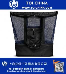 Large Mesh Beach Tote Bag with Insulated Picnic Cooler Bag Top Zipper Closure