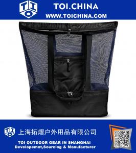 Große Netz-Strand-Taschen-Tasche mit Isolierpicknick-Kühltasche-Spitzenreißverschluss