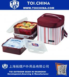 Lunch Box 3-Piece Set with Insulated Purple Stripe Bag, Cool Pack, Three 5-cup Containers with One Divider