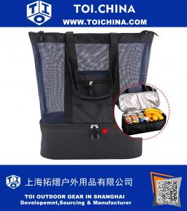 Bolsa de playa de malla - 2 en 1 bolsa de hombro con cremallera de refrigerador de picnic aislado para viajes en la playa, negro