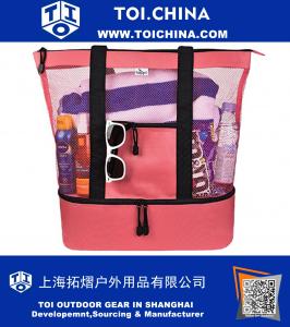 Mesh Beach Tote Bag for Women w Insulated Picnic Cooler and Zipper Top