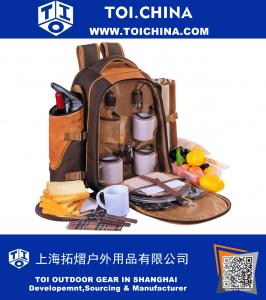 Picnic Backpack Bag for 4 Person With Cooler Compartment,Detachable Bottle/Wine Holder, Fleece Blanket, Flatware and Plates