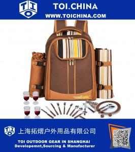 Picnic Backpack Bag for 4 Person With Cooler Compartment, Detachable Bottle Wine Holder, Fleece Blanket, Plates and Cutlery Set Perfect for Outdoor, Sports, Hiking, Camping, BBQs(