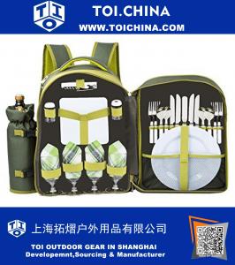 Picnic Backpack for 4 Person with Cooler Compartment, Detachable Bottle/Wine Holder, Fleece Blanket, Plates and Cutlery Set, Green