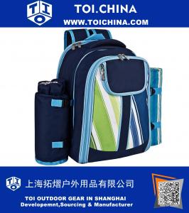 Picnic Backpack for 4 With Cooler Compartment, Detachable Bottle Wine Holder, Fleece Blanket, Plates and Cutlery Set