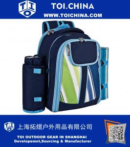 Picnic Backpack for 4 With Cooler Compartment, Detachable Bottle Wine Holder, Fleece Blanket, Plates and Cutlery Set