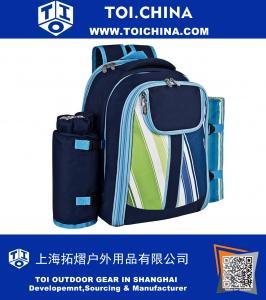 Picnic Backpack for 4 With Cooler Compartment, Detachable Bottle Wine Holder, Fleece Blanket, Plates and Cutlery Set