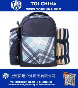 Mochila de piquenique para 4 com conjunto de talheres e cobertor para piquenique ao ar livre, churrascos, refrigerador, azul