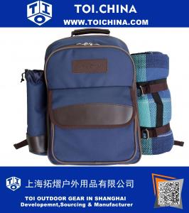 Picnic Pack Backpack for 4 Plaid Blue with Blanket