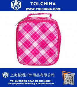 Pink Plaid Preppy Water Resistant Zipper Closure Insulated Soft Cooler Lunch Bag