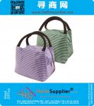 Lunch Bags Solid Useful Linen Cotton Stripe Fashion Tote Bag Grocery Handbag Travel Organizer Box Case Container Sundry Shopping Makeup Bags with Zipper, Purple